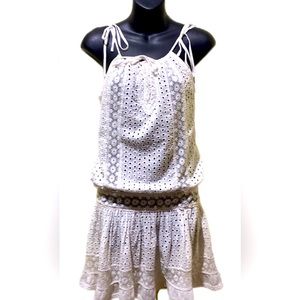 JEWEL WHITE COTTON EYELET/LACE SLEEVELESS DRESS LACE-UP FRONT NECKLINE SZ 14